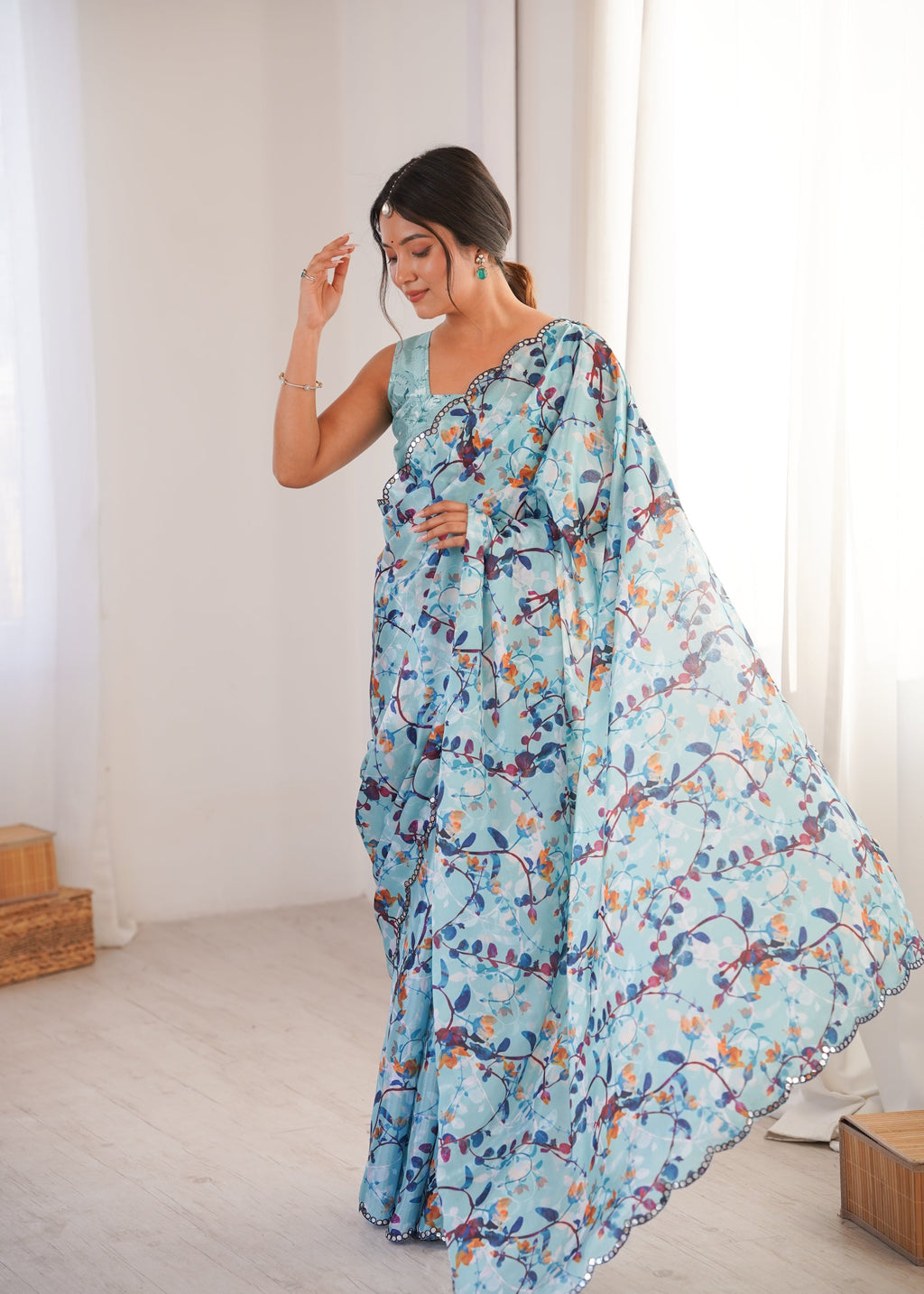 Sky Blue Chinon Digital Printed Designer Saree with Mirror Lace