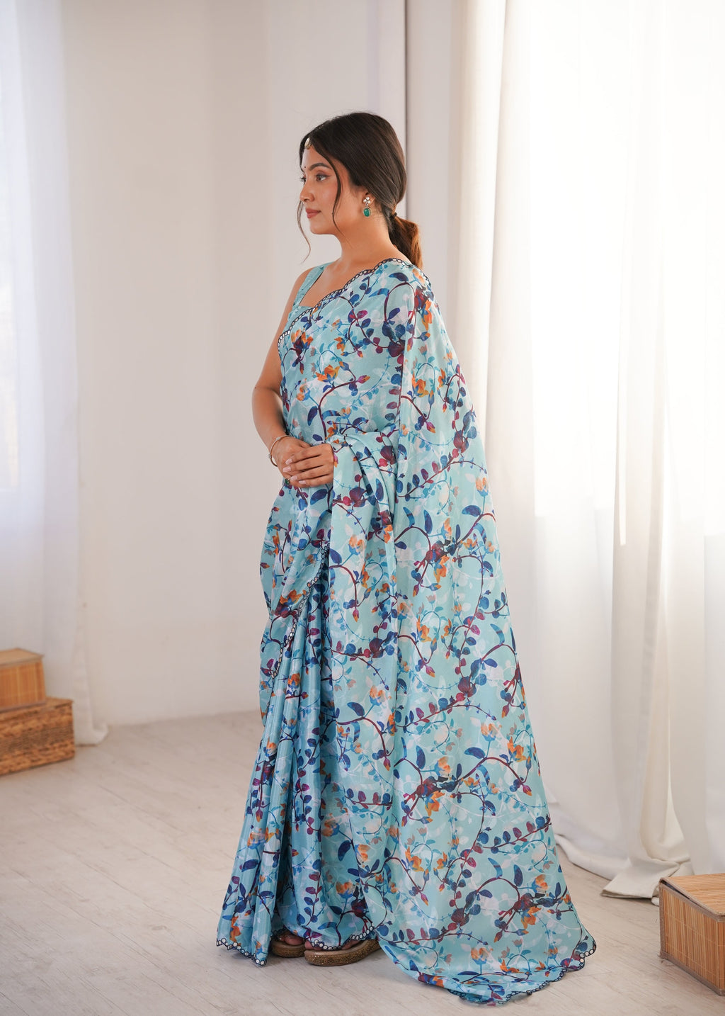 Sky Blue Chinon Digital Printed Designer Saree with Mirror Lace