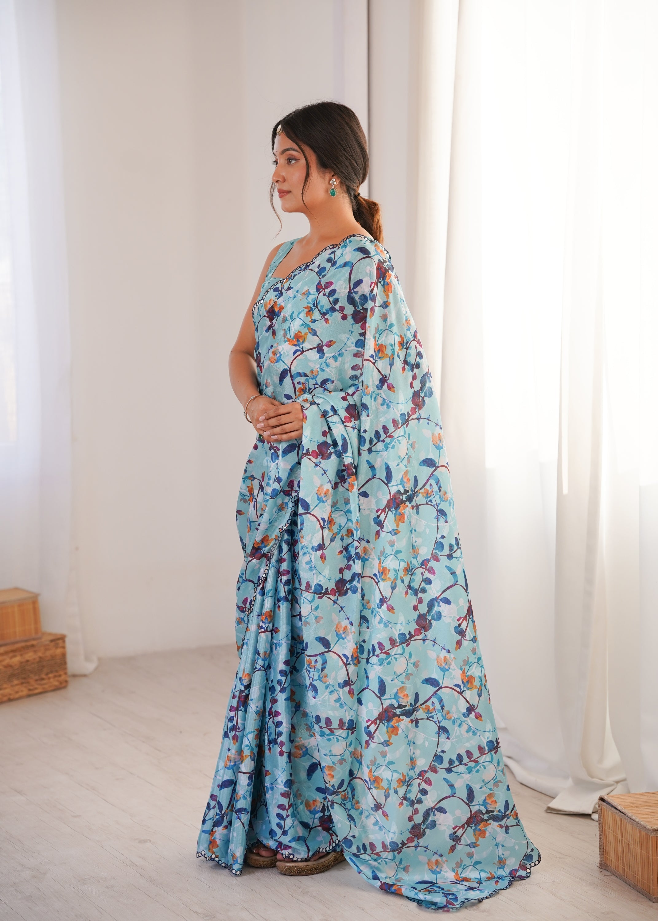 Sky Blue Chinon Digital Printed Designer Saree with Mirror Lace