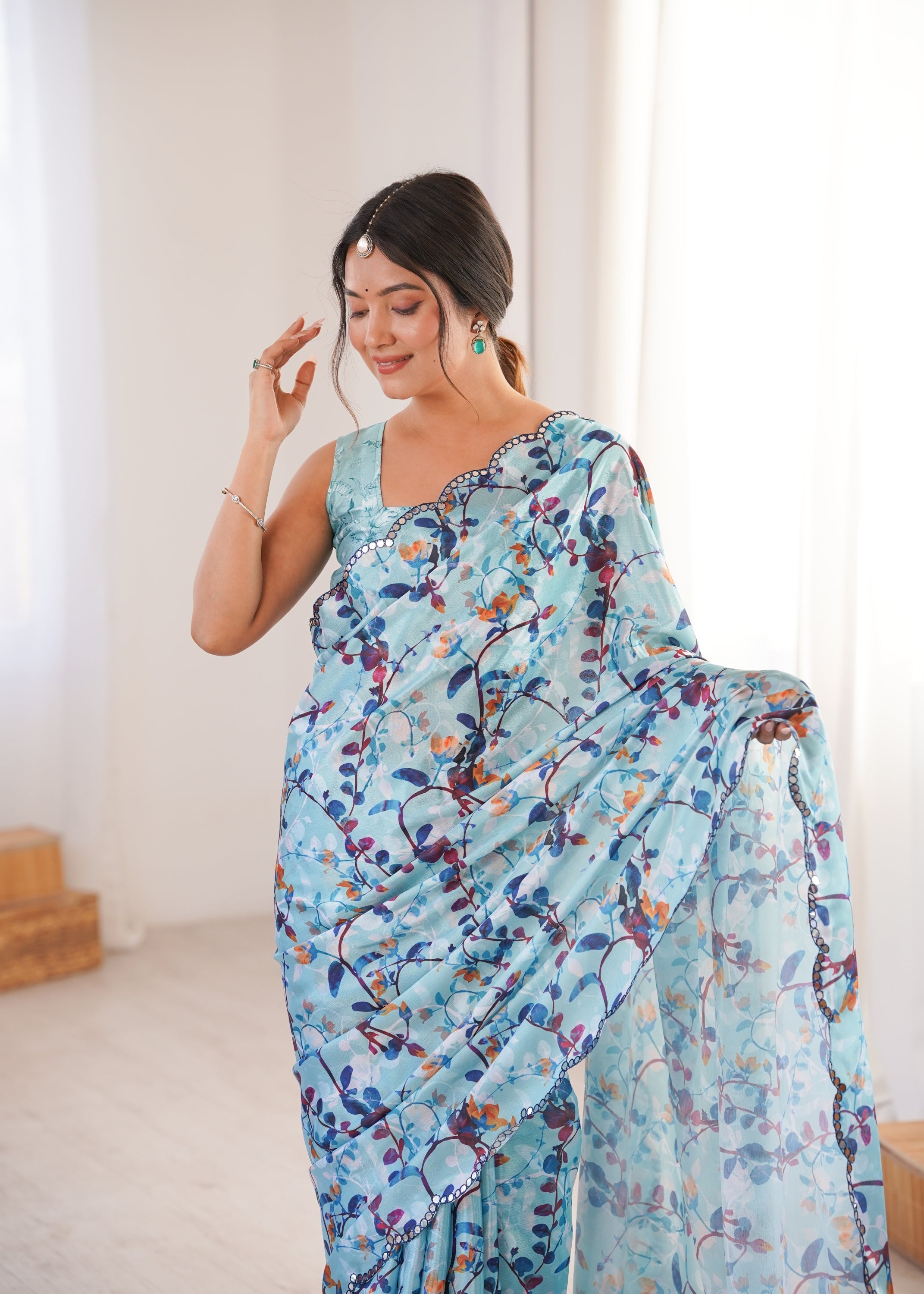 Sky Blue Chinon Digital Printed Designer Saree with Mirror Lace