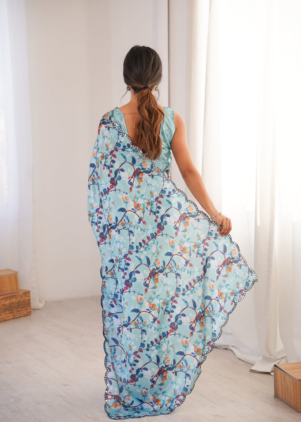 Sky Blue Chinon Digital Printed Designer Saree with Mirror Lace