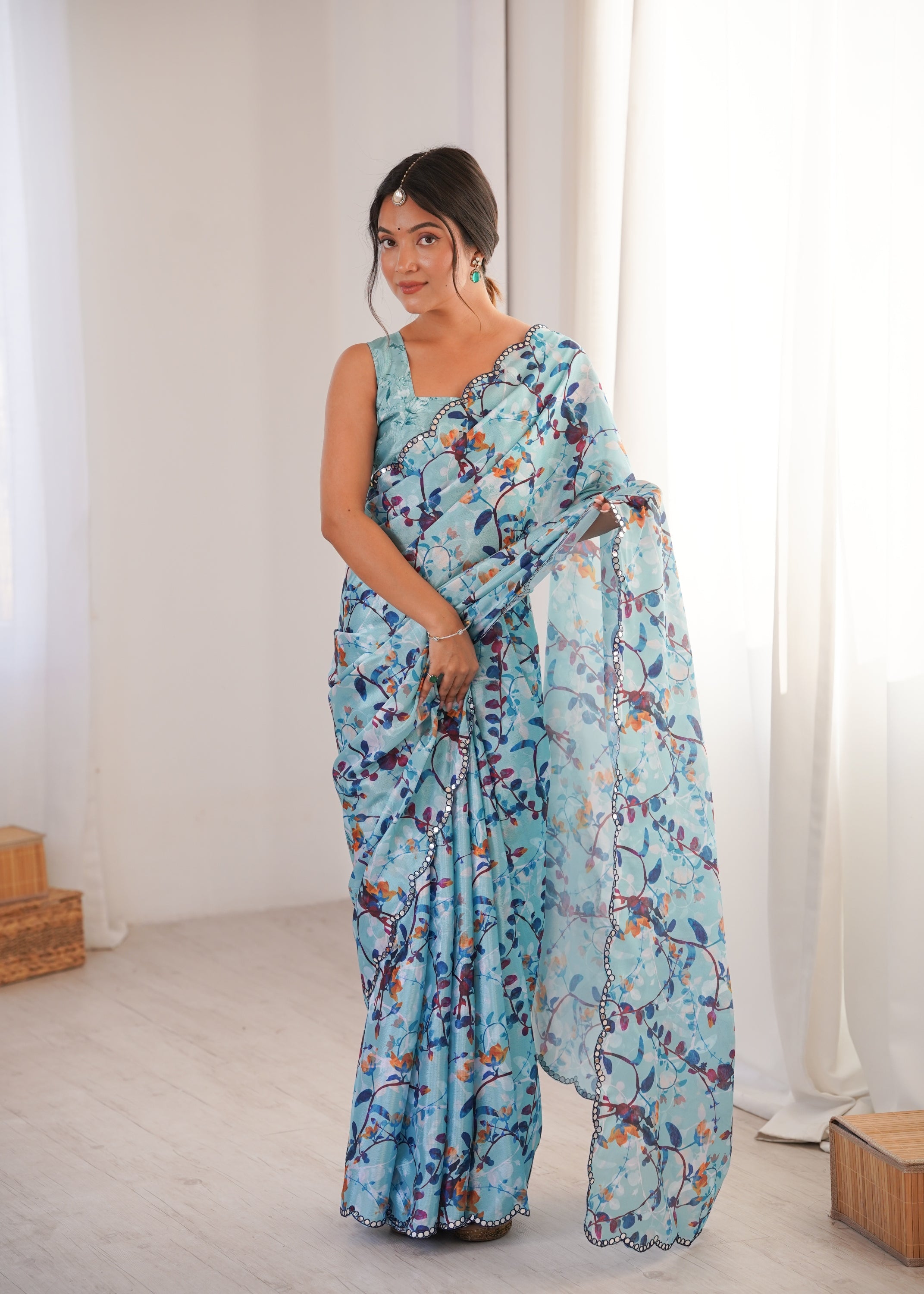 Sky blue Chinon digital printed designer saree with mirror lace border