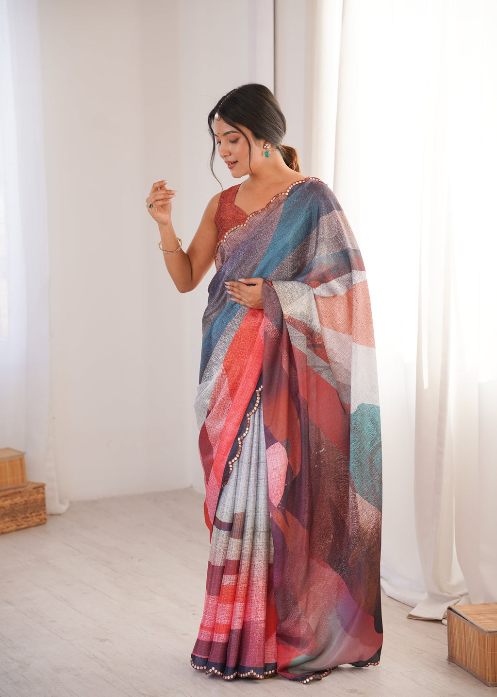 Multicolor Chinon Digital Printed Designer Saree with Mirror Lace