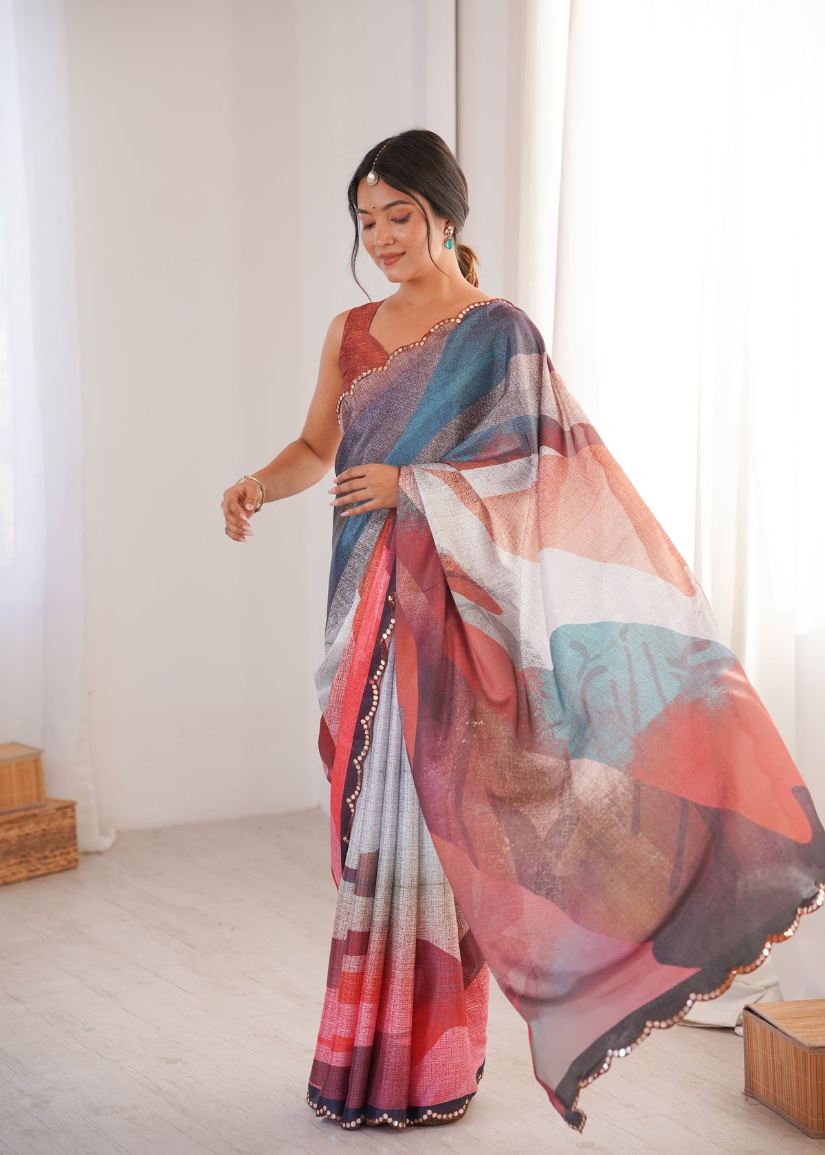 Multicolor Chinon Digital Printed Designer Saree with Mirror Lace