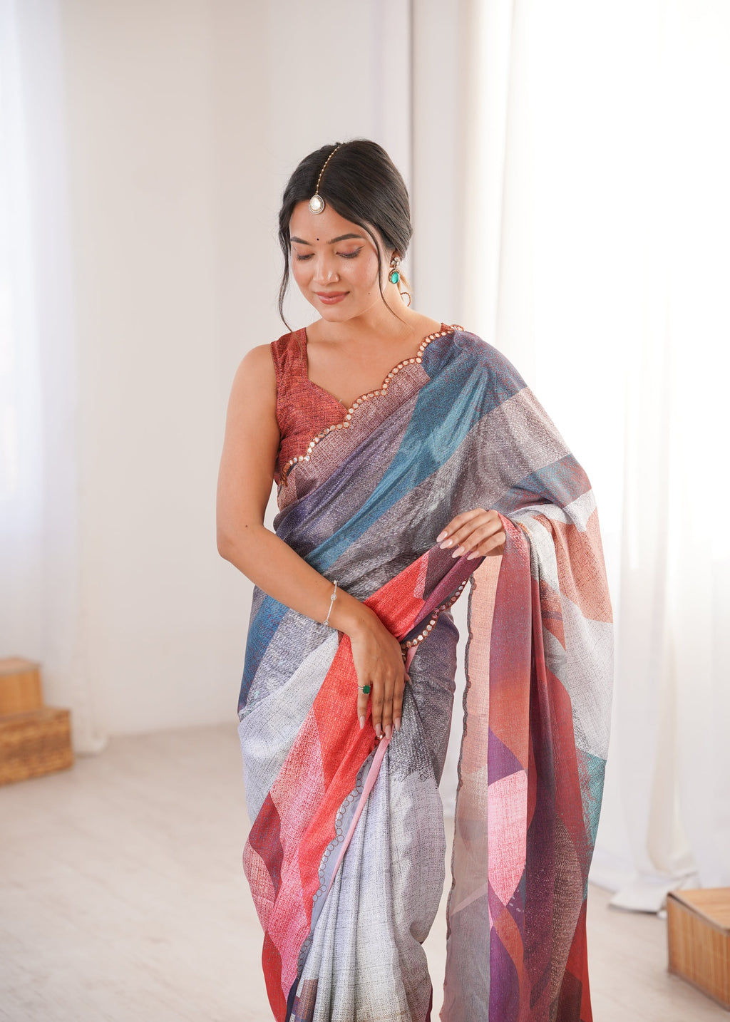 Multicolor Chinon Digital Printed Designer Saree with Mirror Lace