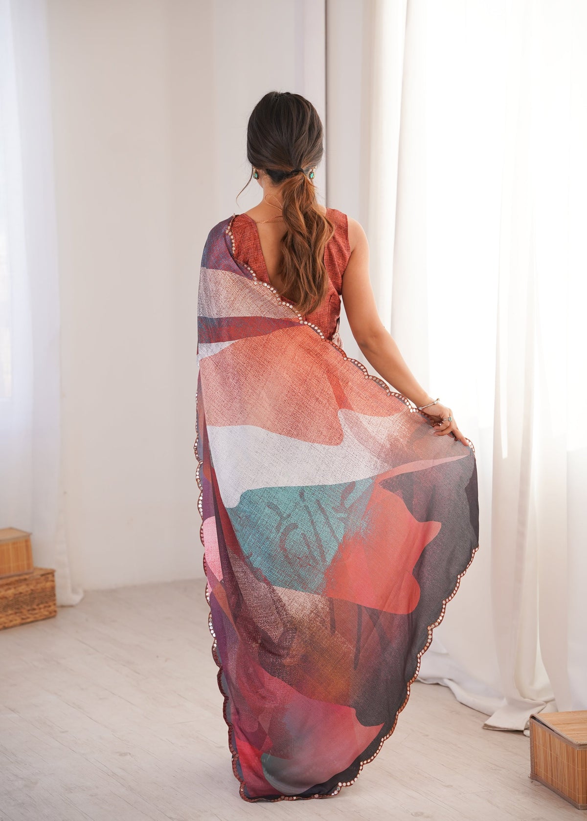 Multicolor Chinon Digital Printed Designer Saree with Mirror Lace