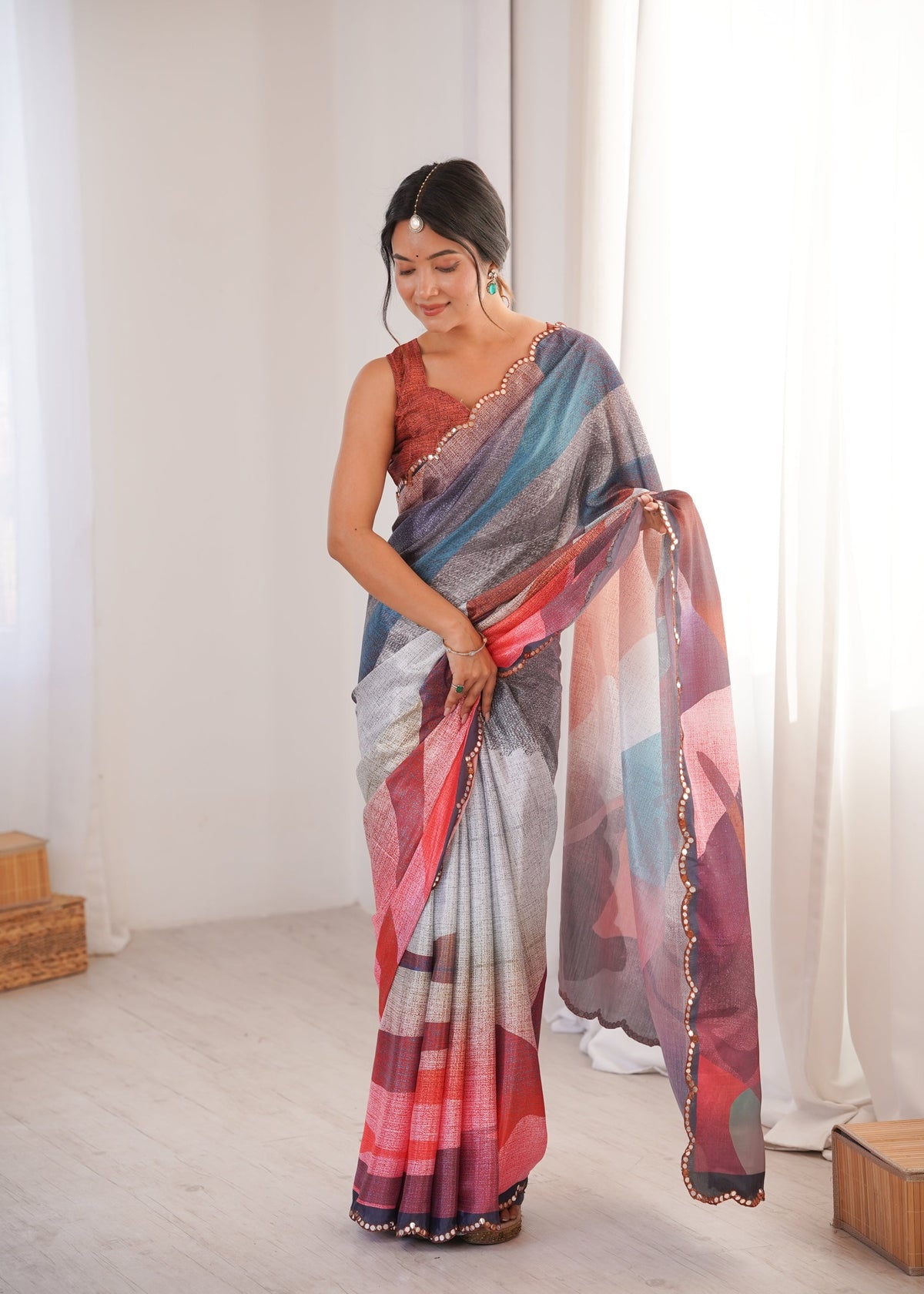 Multicolor Chinon digital printed saree with mirror lace border detail