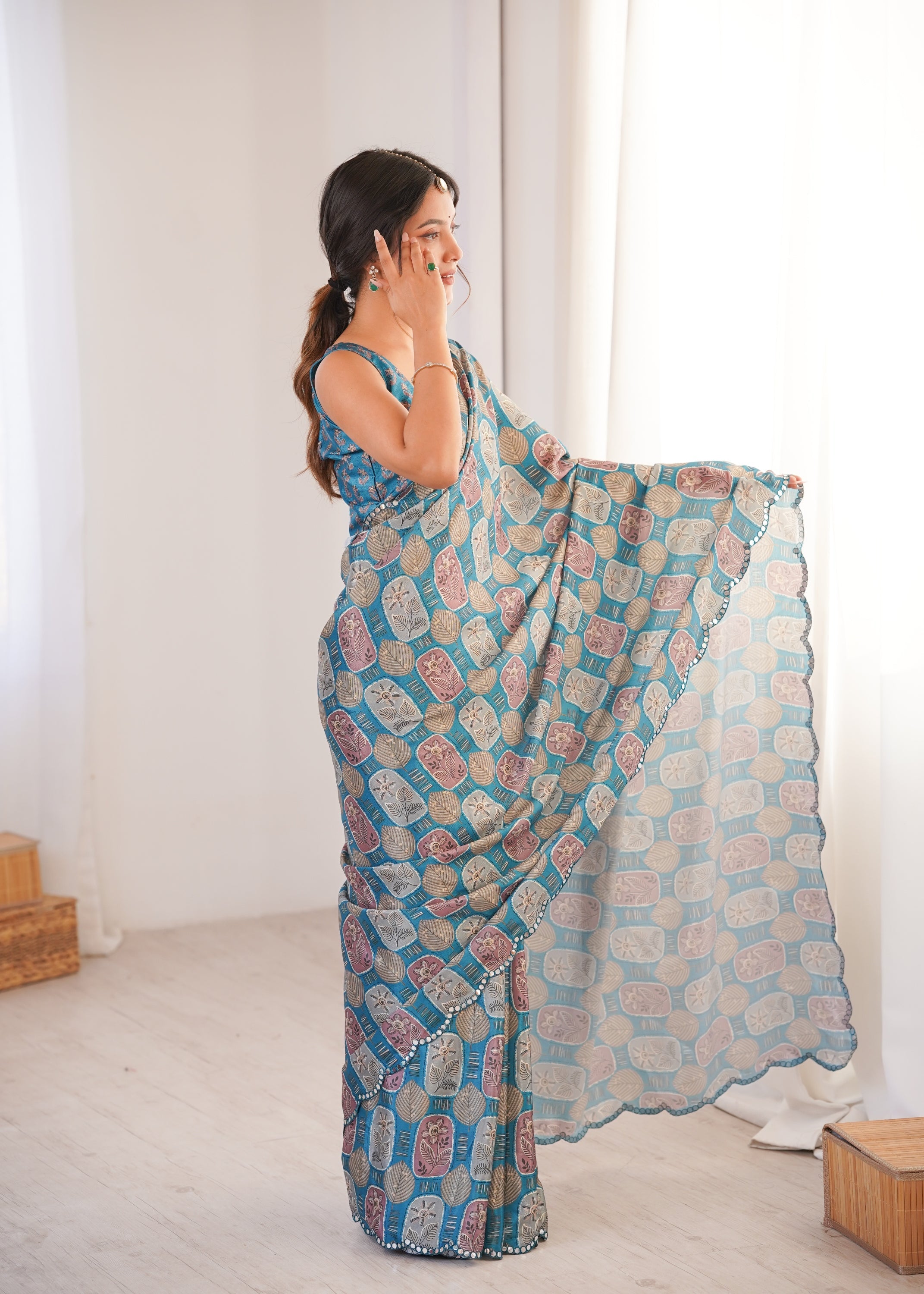 Teal Chinon Digital Printed Designer Saree with Mirror Lace Border