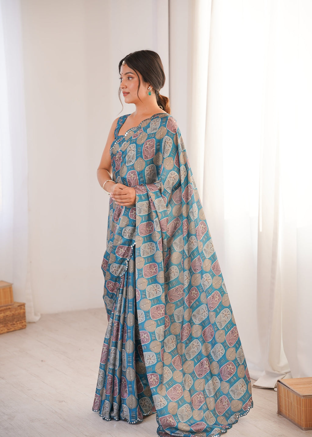 Teal Chinon Digital Printed Designer Saree with Mirror Lace Border
