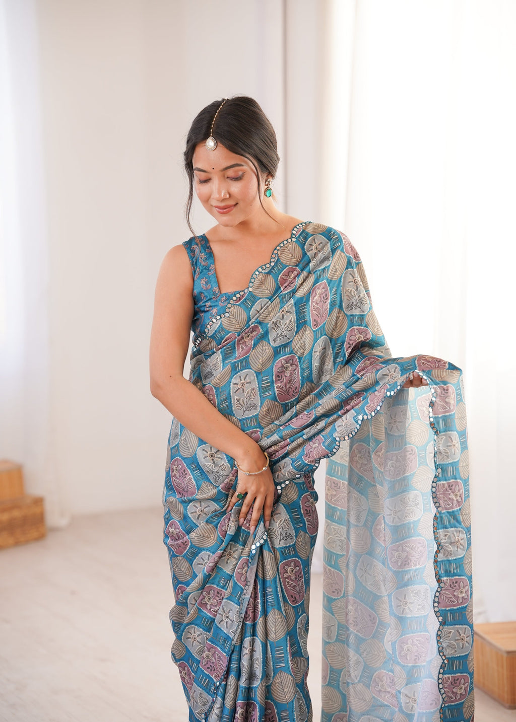 Teal Chinon Digital Printed Designer Saree with Mirror Lace Border
