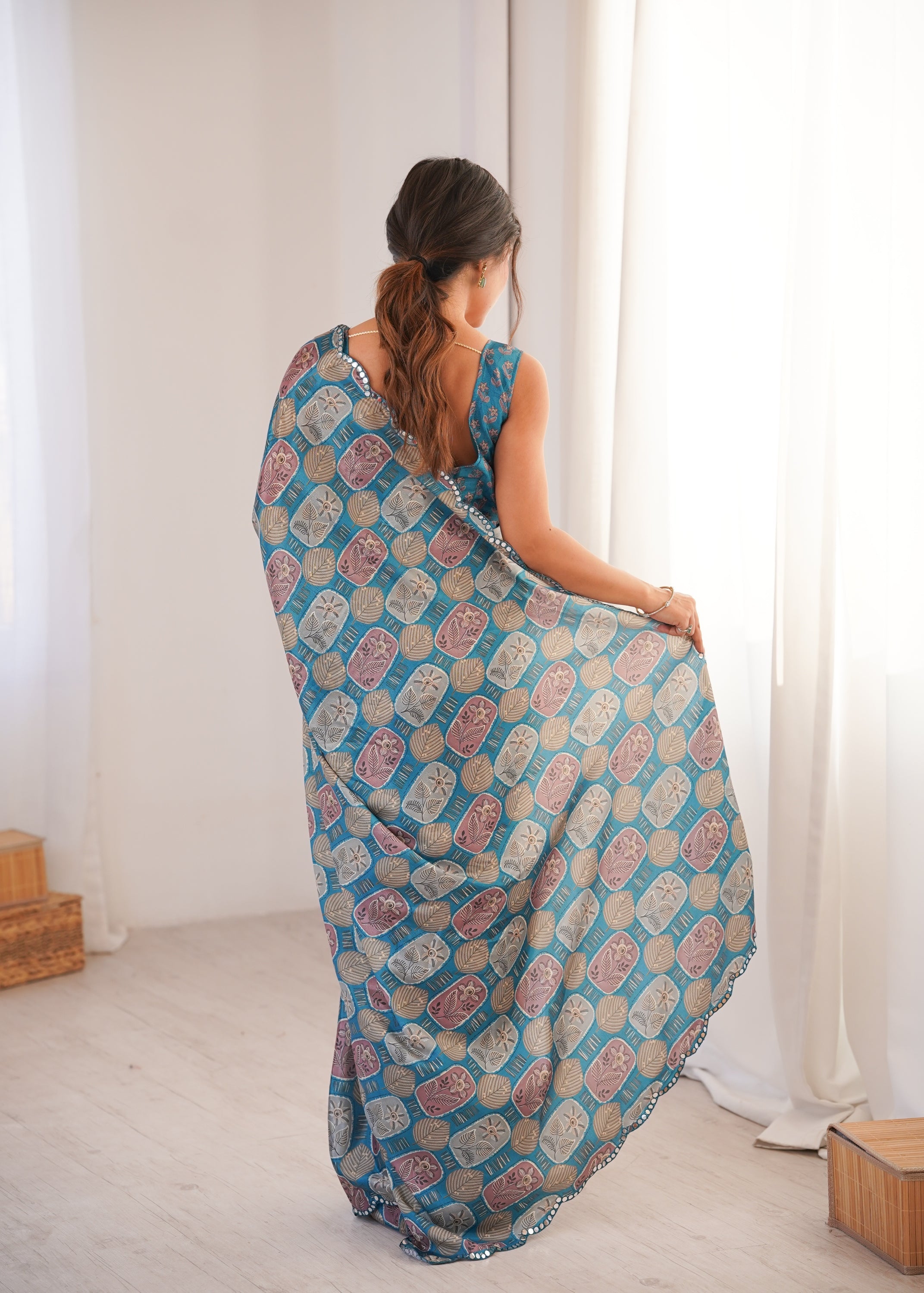 Teal Chinon Digital Printed Designer Saree with Mirror Lace Border