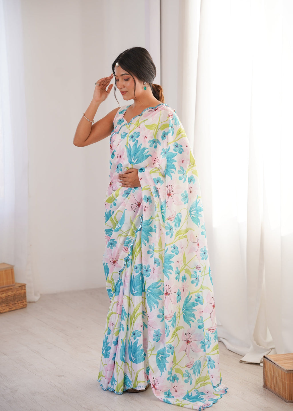 Women's Multicolor Chinon Digital Printed Designer Saree