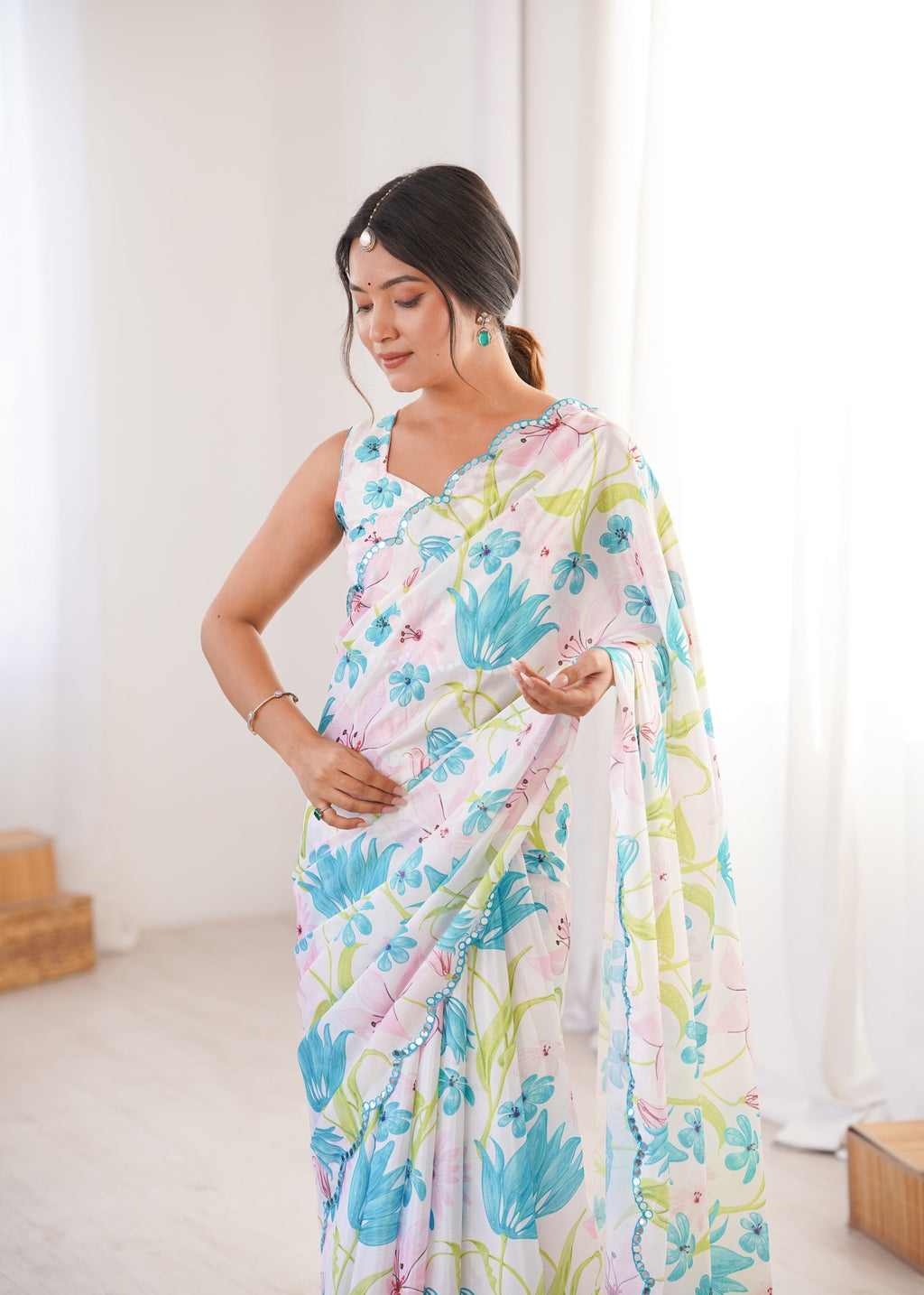 Women's Multicolor Chinon Digital Printed Designer Saree
