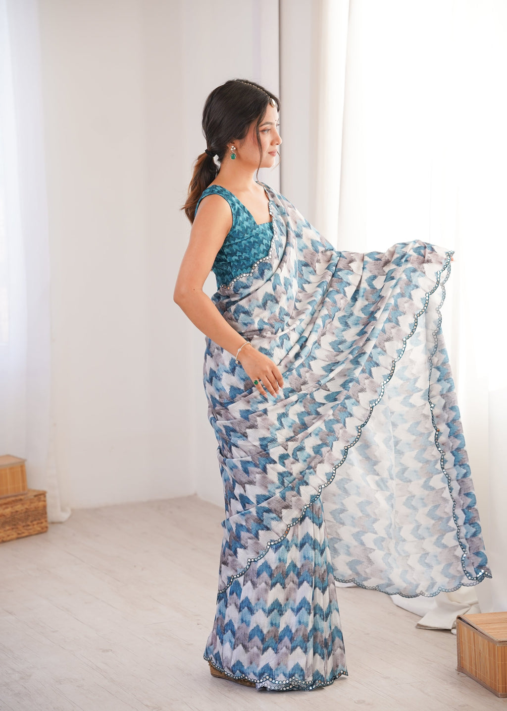 Multicolor Chinon Digital Printed Saree with Mirror Lace Border