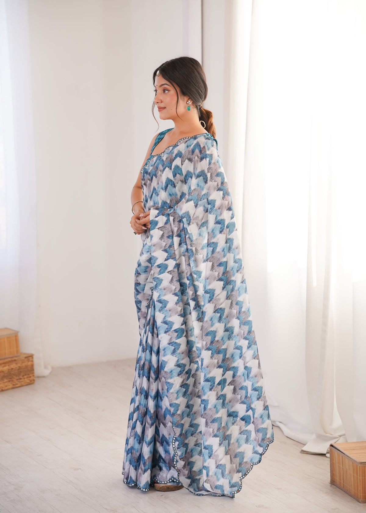Multicolor Chinon Digital Printed Saree with Mirror Lace Border