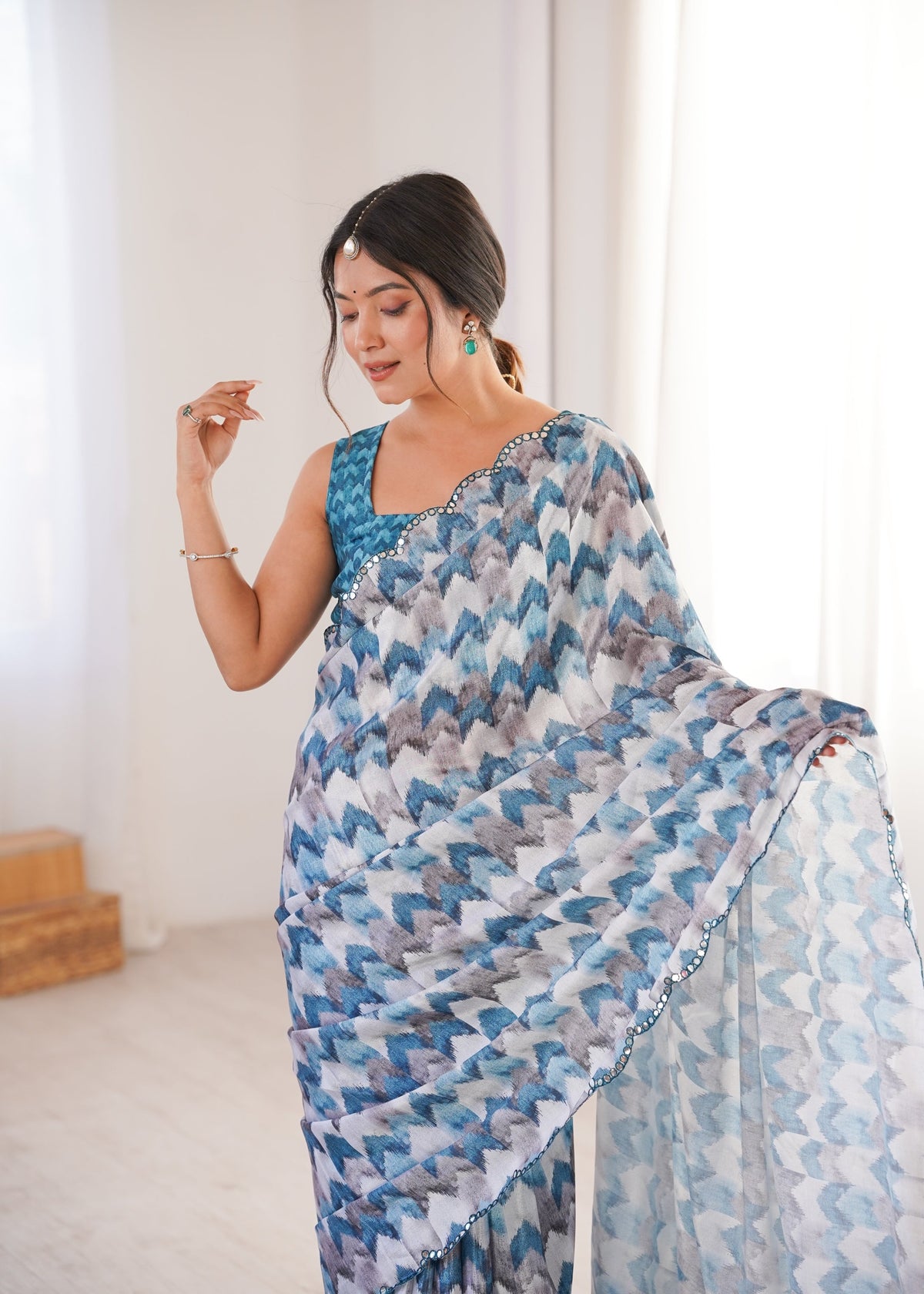 Multicolor Chinon Digital Printed Saree with Mirror Lace Border