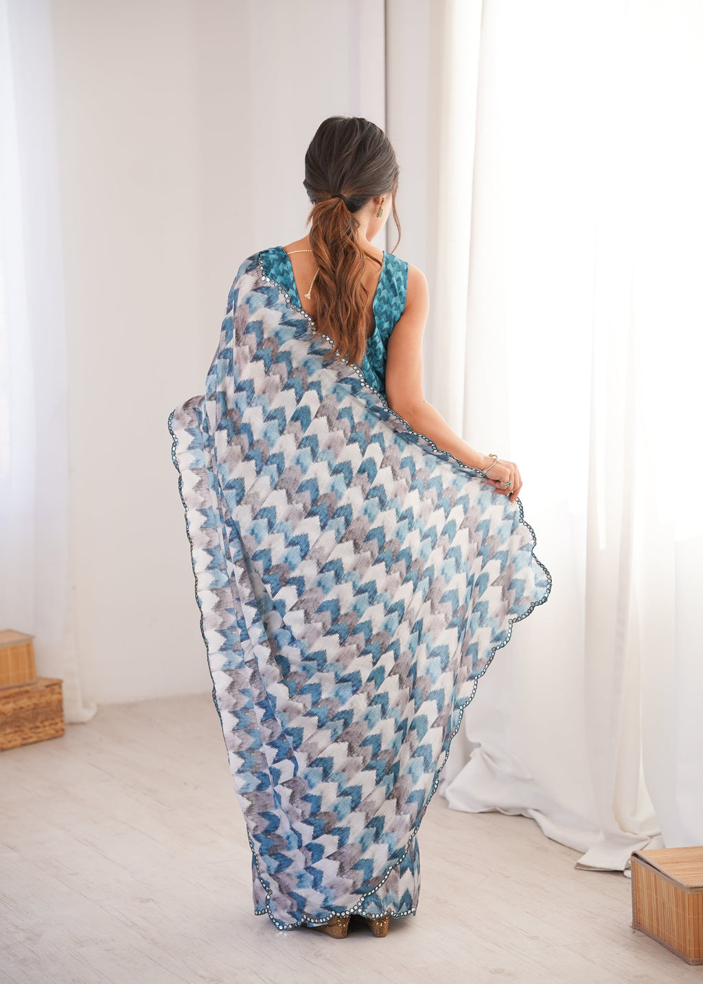 Multicolor Chinon Digital Printed Saree with Mirror Lace Border