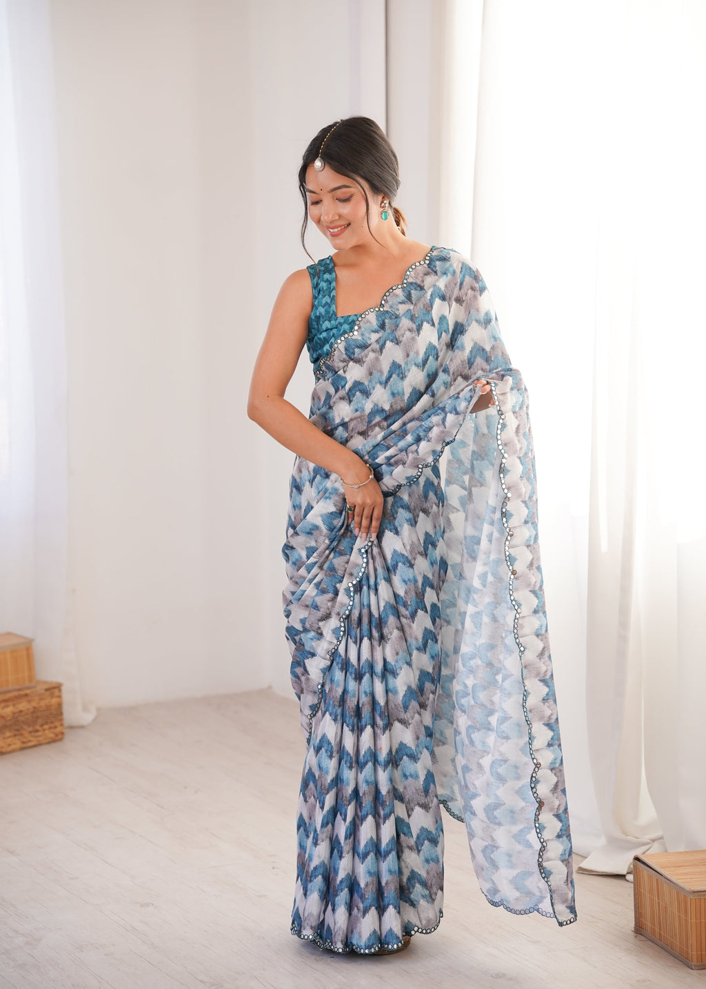 Multicolor Chinon digital printed saree with detailed mirror lace border draped elegantly