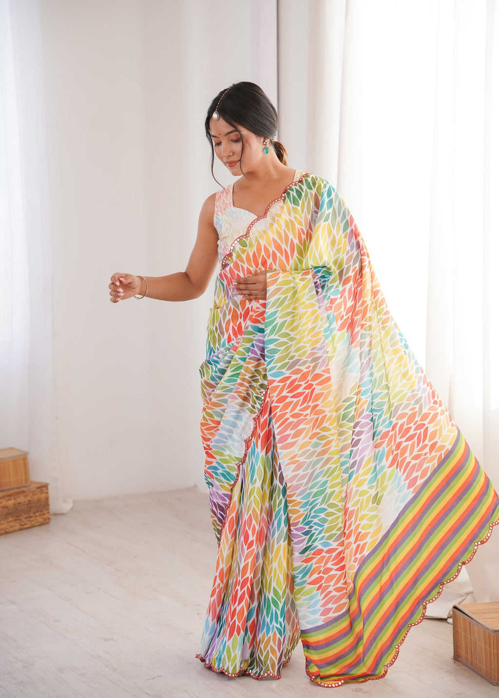 Multicolor Chinon Digital Printed Saree with Mirror Lace Border
