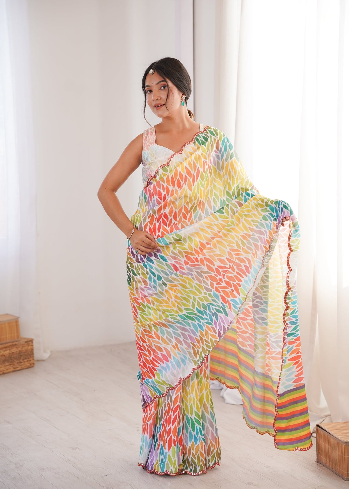Multicolor Chinon digital printed saree with detailed mirror lace border draped elegantly