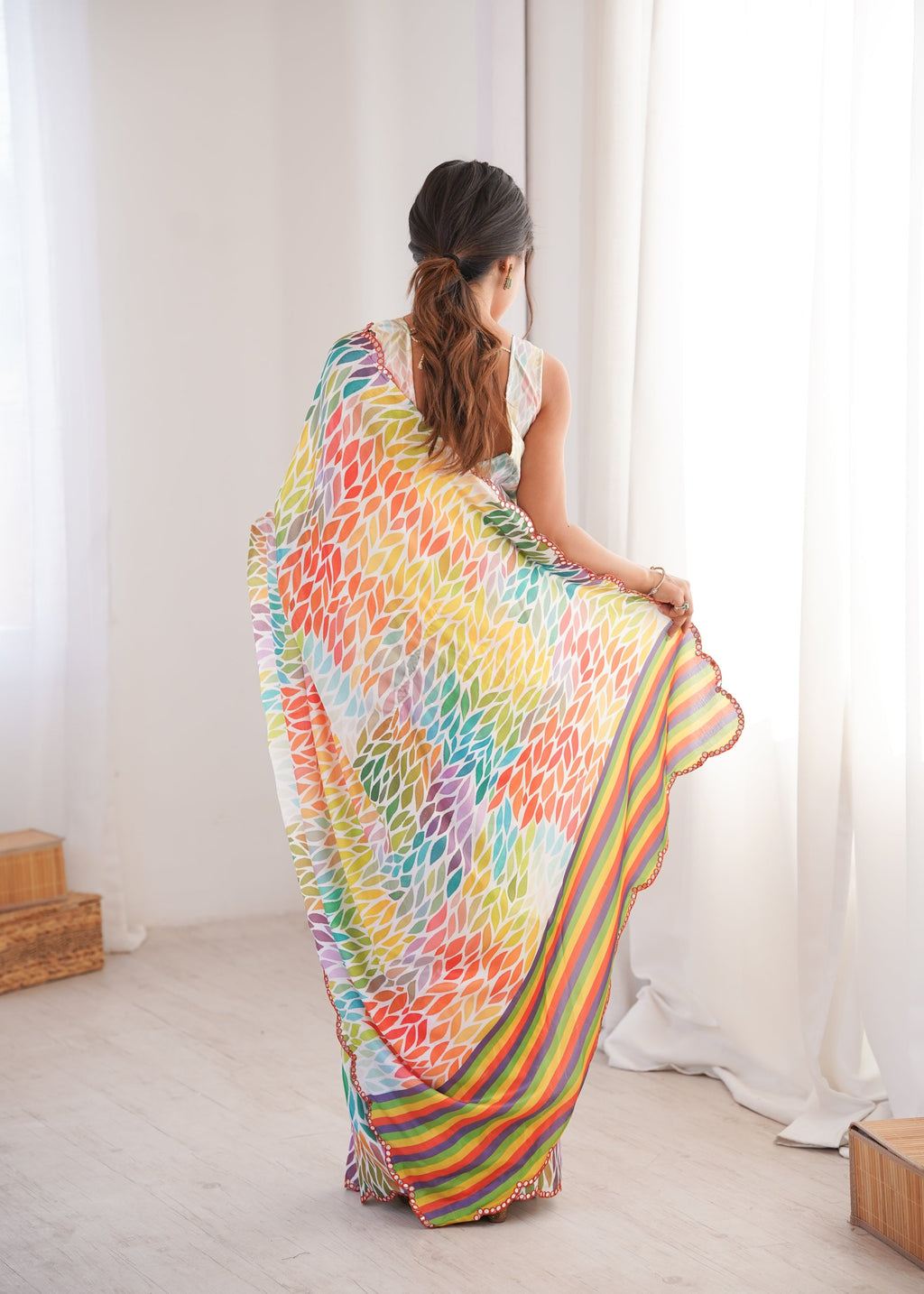 Multicolor Chinon Digital Printed Saree with Mirror Lace Border