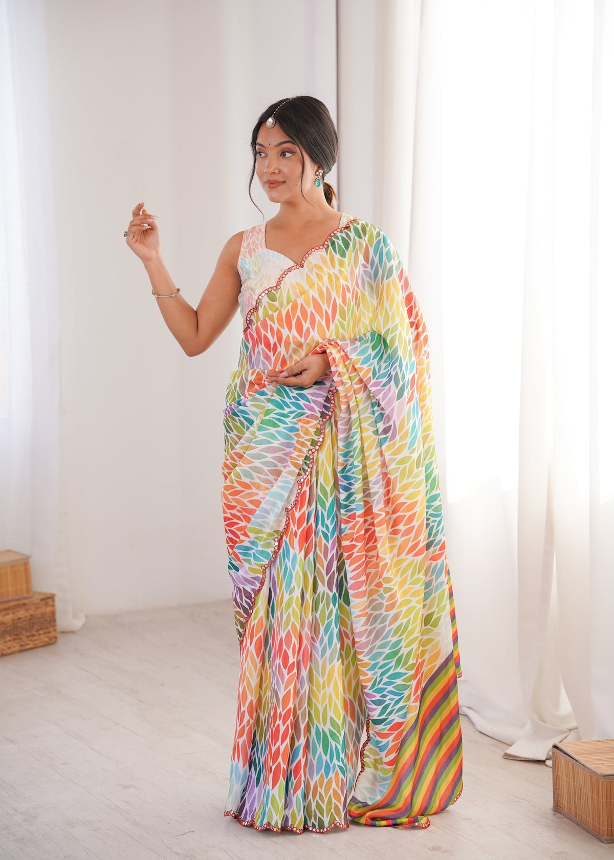 Multicolor Chinon Digital Printed Saree with Mirror Lace Border