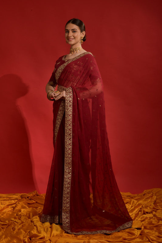 Maroon Georgette Saree with Sequence Coding Embroidery and Blouse
