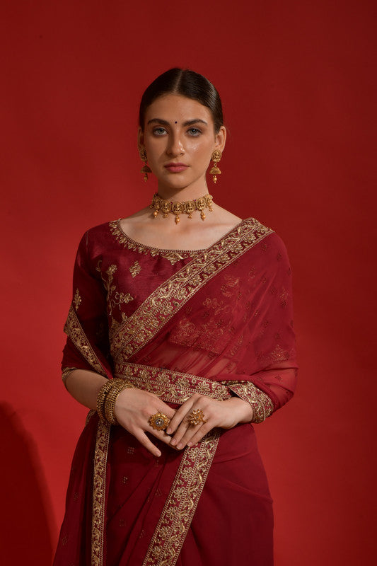 Maroon Georgette Saree with Sequence Coding Embroidery and Blouse