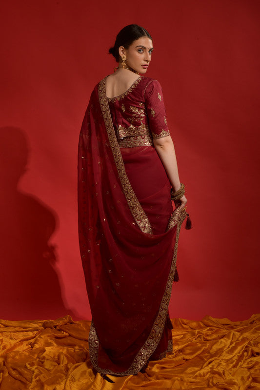 Maroon Georgette Saree with Sequence Coding Embroidery and Blouse