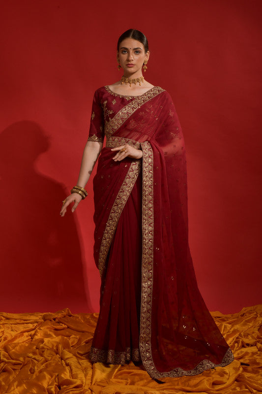 Elegant maroon georgette saree with sequence coding embroidery and matching blouse