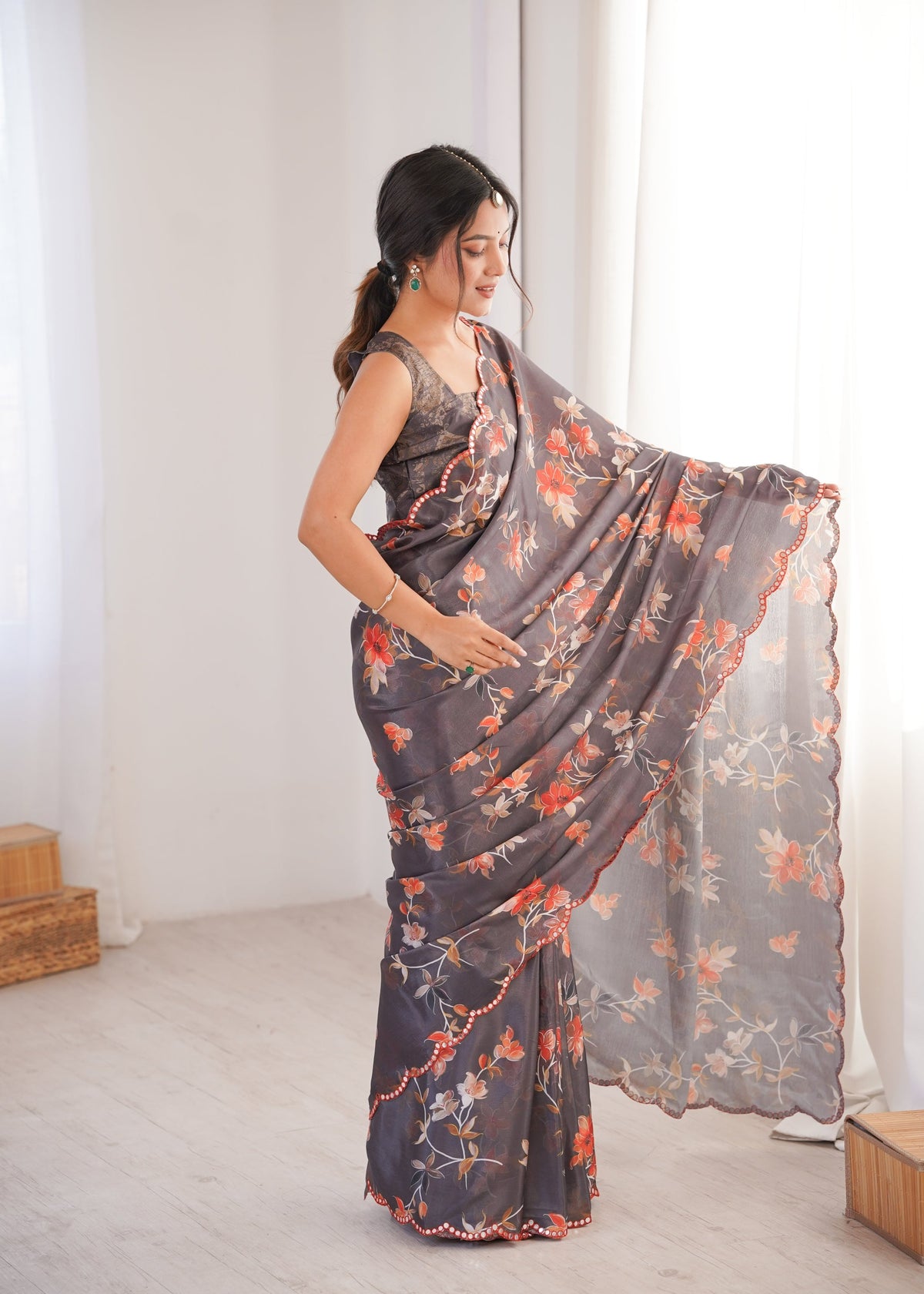 Multicolor Chinon Digital Printed Saree with Mirror Lace Border
