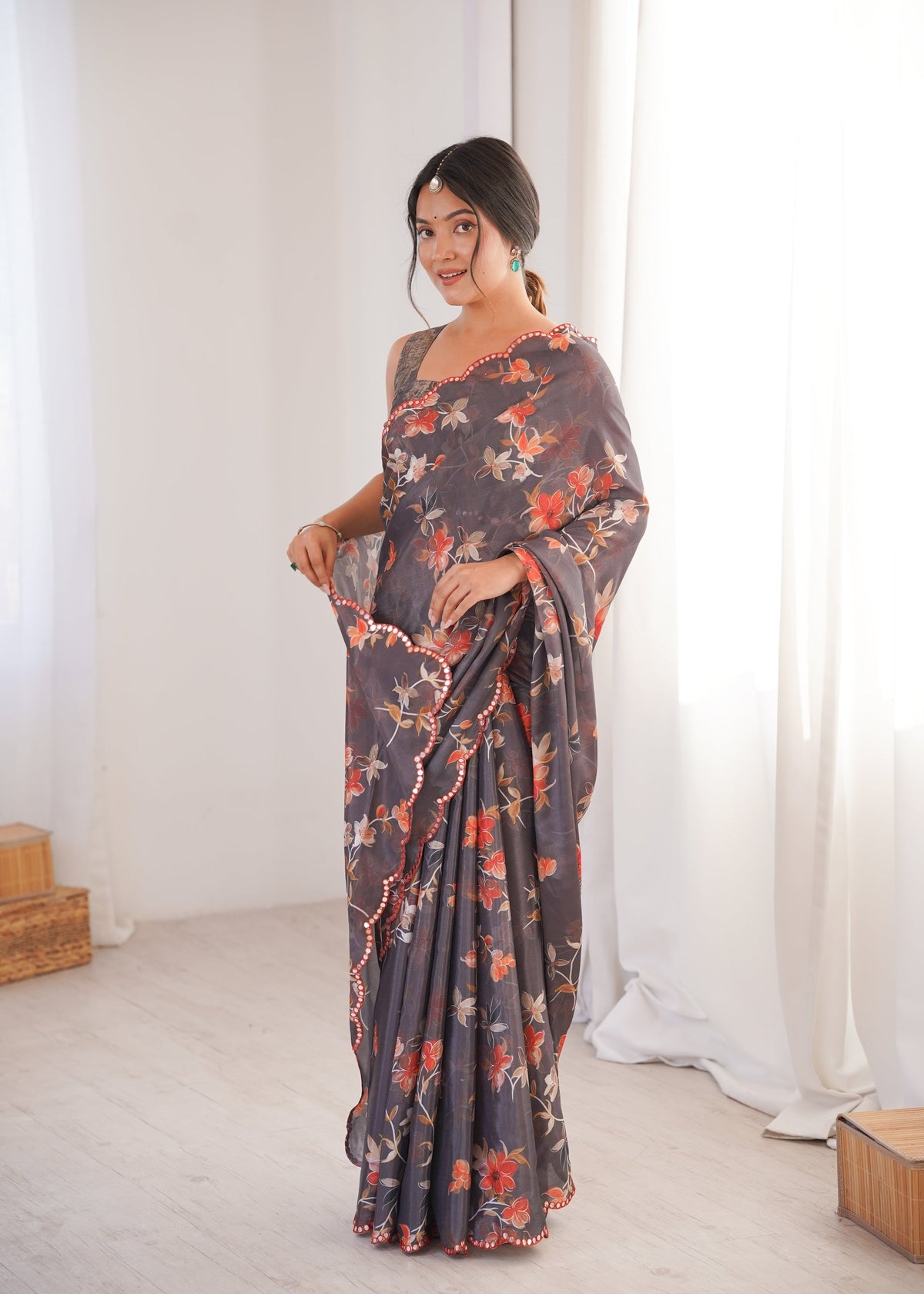 Multicolor Chinon Digital Printed Saree with Mirror Lace Border