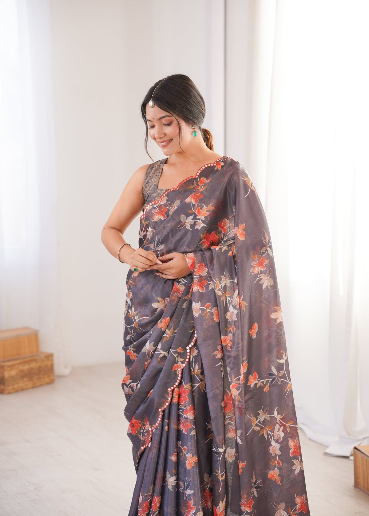 Multicolor Chinon Digital Printed Saree with Mirror Lace Border