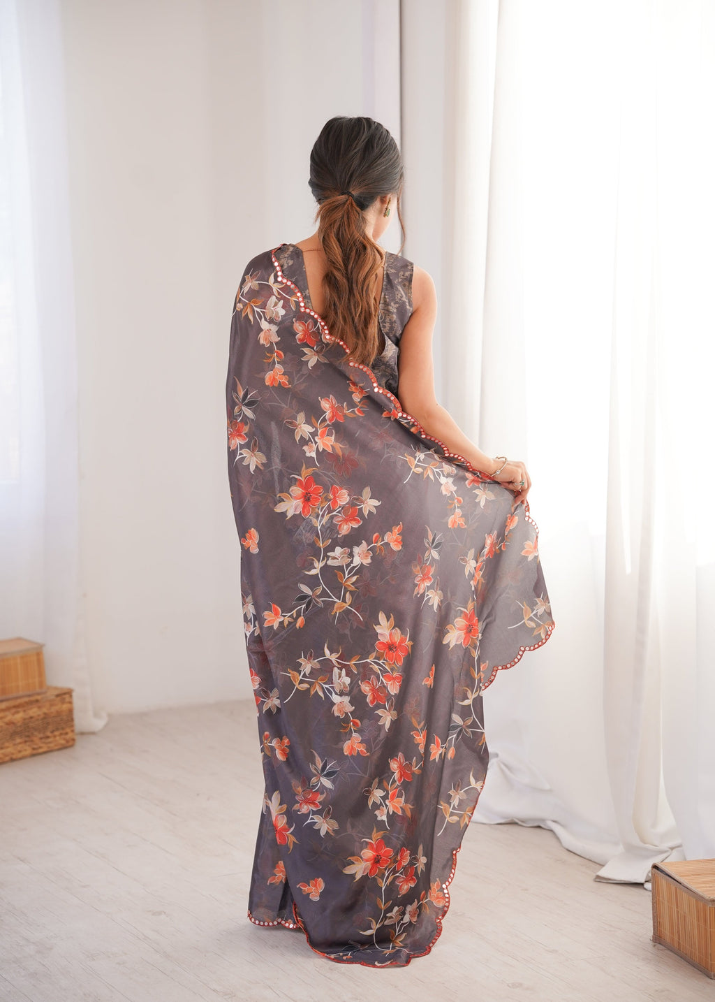 Multicolor Chinon Digital Printed Saree with Mirror Lace Border