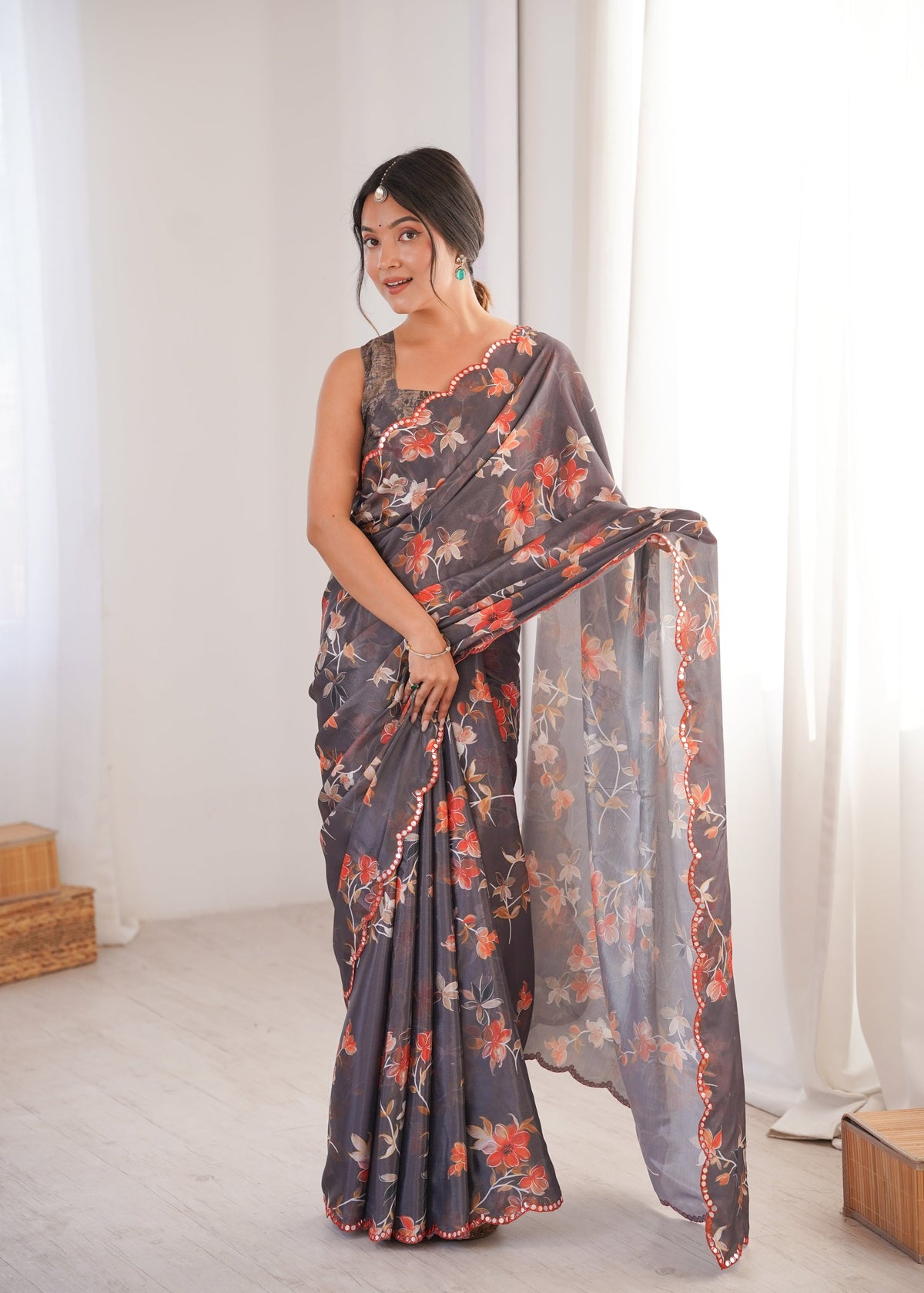 Multicolor Chinon digital printed saree with detailed mirror lace border draped elegantly