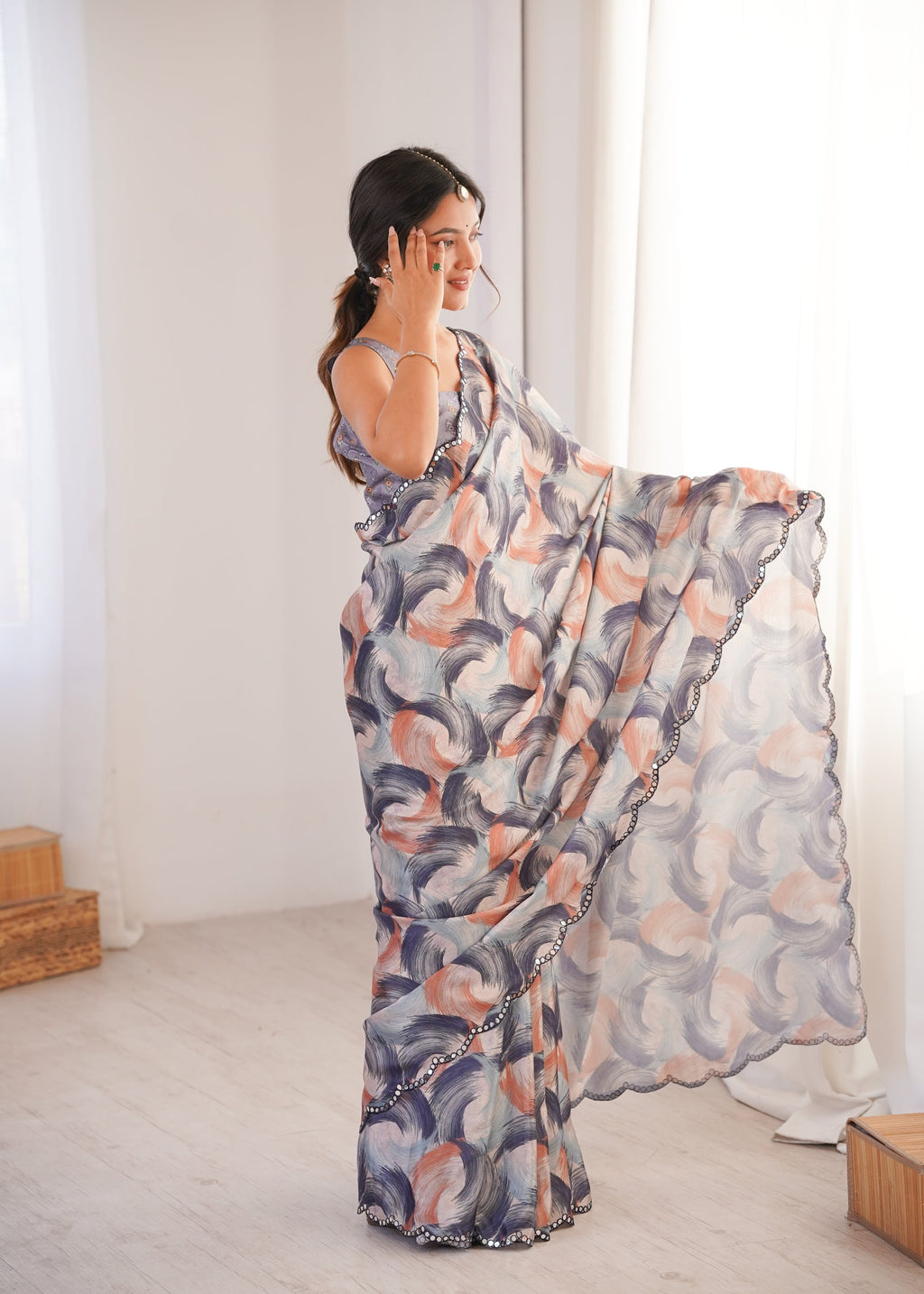 Multicolor Chinon Digital Printed Saree with Mirror Lace Border