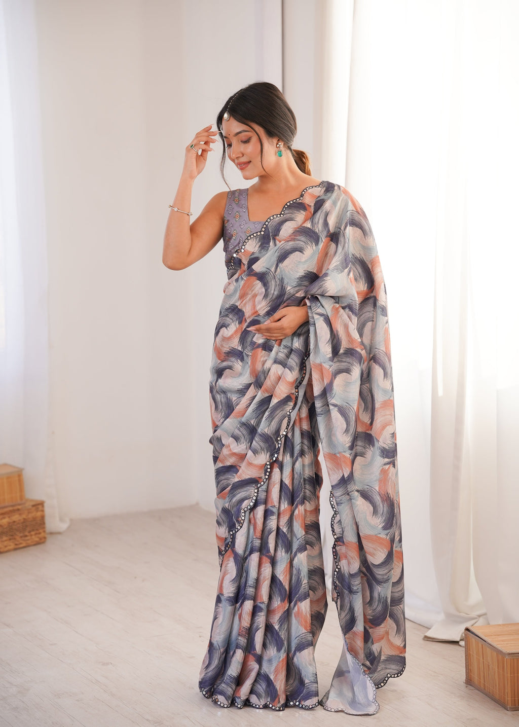 Multicolor Chinon digital printed designer saree with mirror lace border