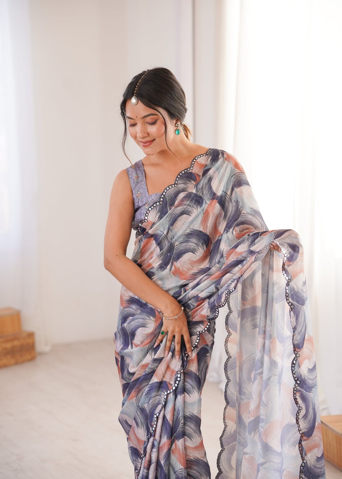 Multicolor Chinon Digital Printed Saree with Mirror Lace Border