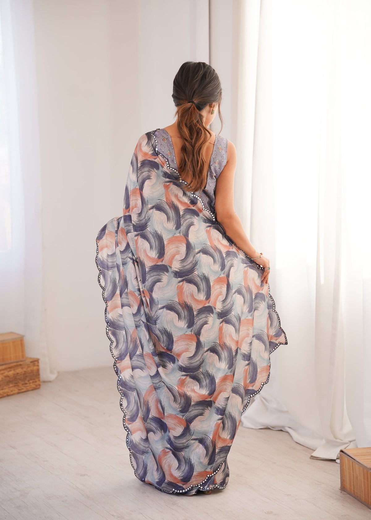 Multicolor Chinon Digital Printed Saree with Mirror Lace Border