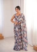 Multicolor Chinon Digital Printed Saree with Mirror Lace Border