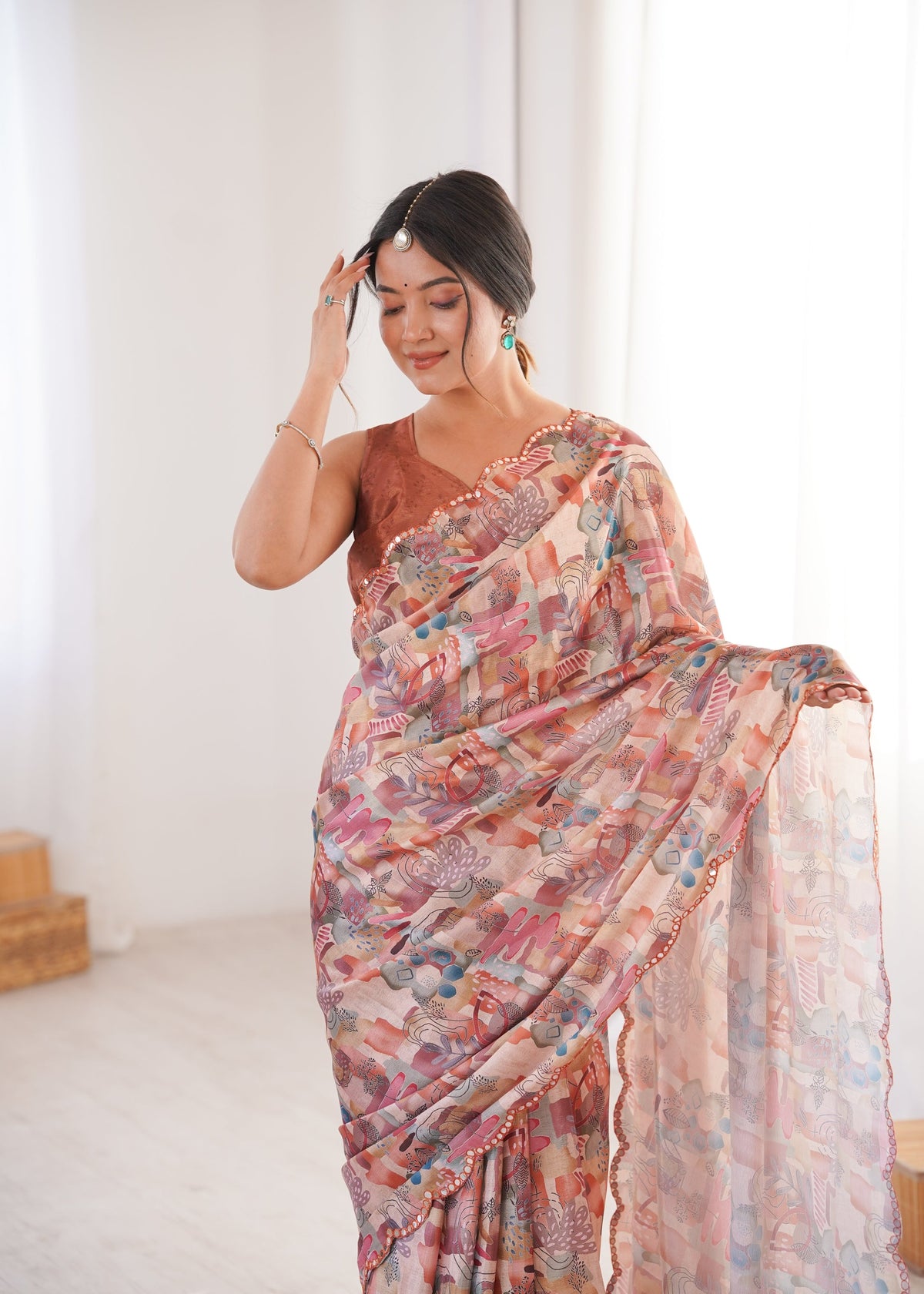 Multicolor Chinon Digital Printed Saree with Mirror Lace Border