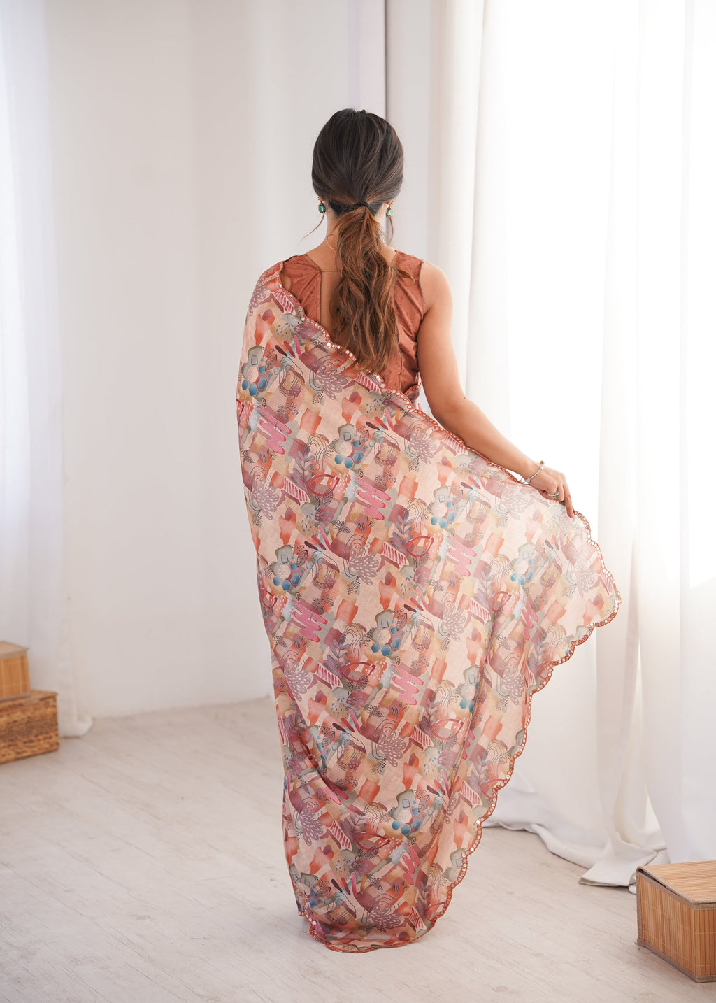 Multicolor Chinon Digital Printed Saree with Mirror Lace Border