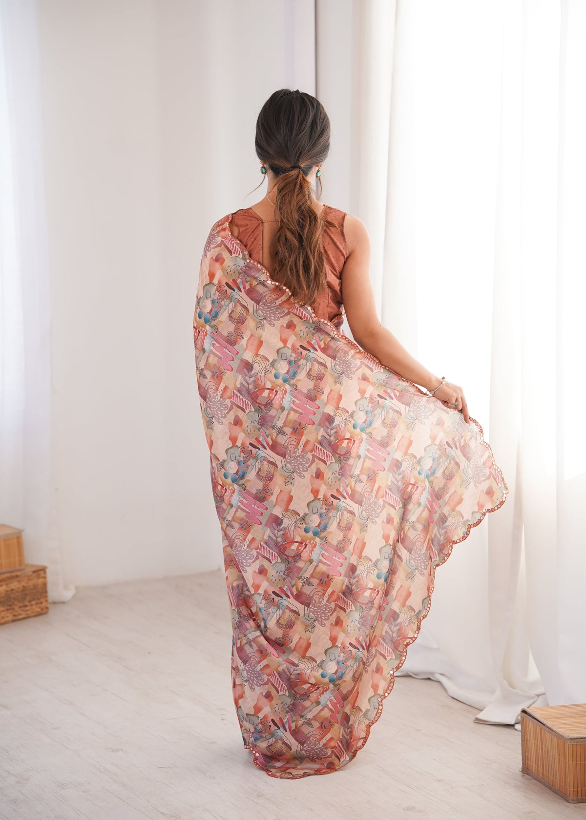 Multicolor Chinon Digital Printed Saree with Mirror Lace Border