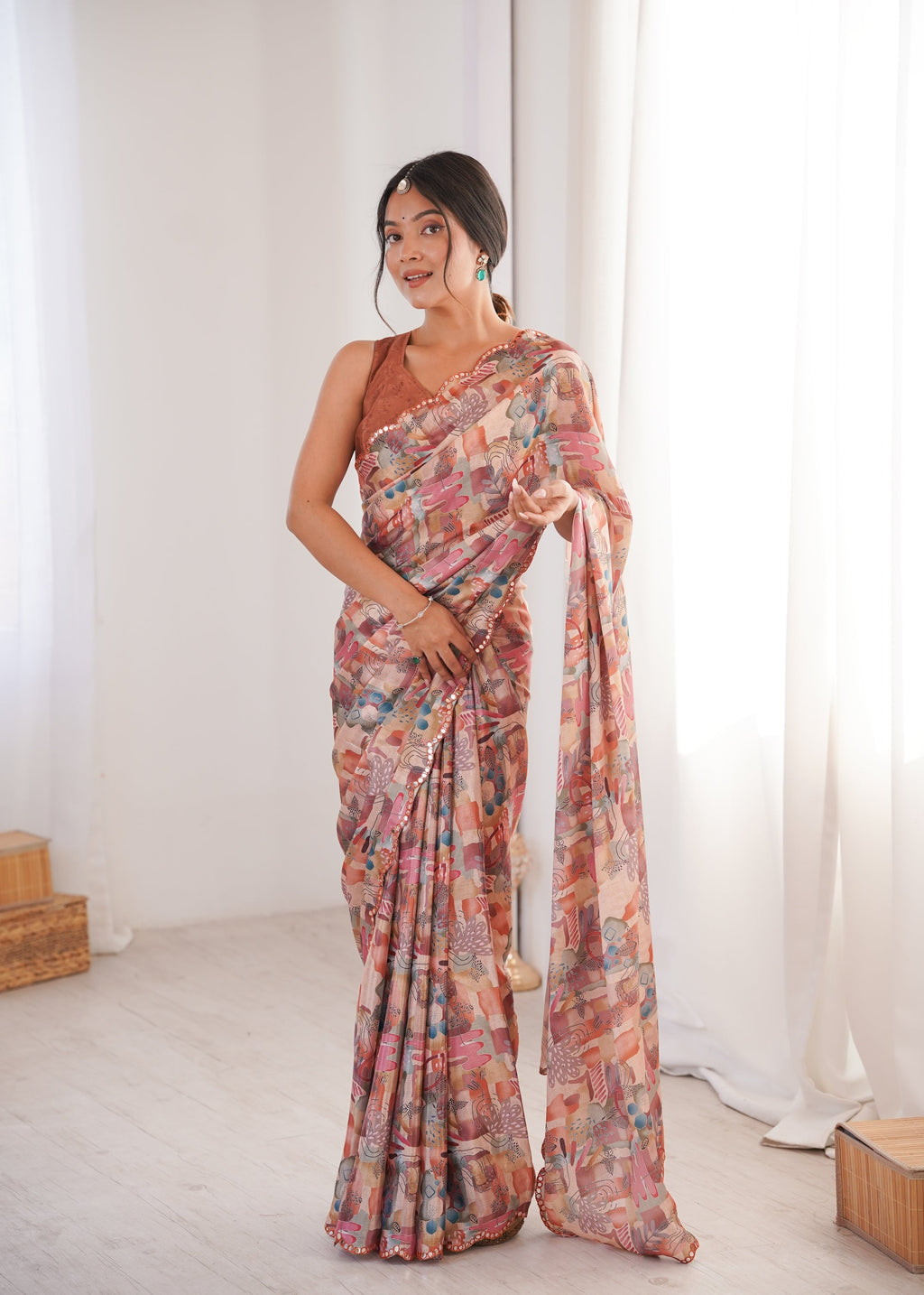 Multicolor Chinon digital printed saree with detailed mirror lace border draped elegantly