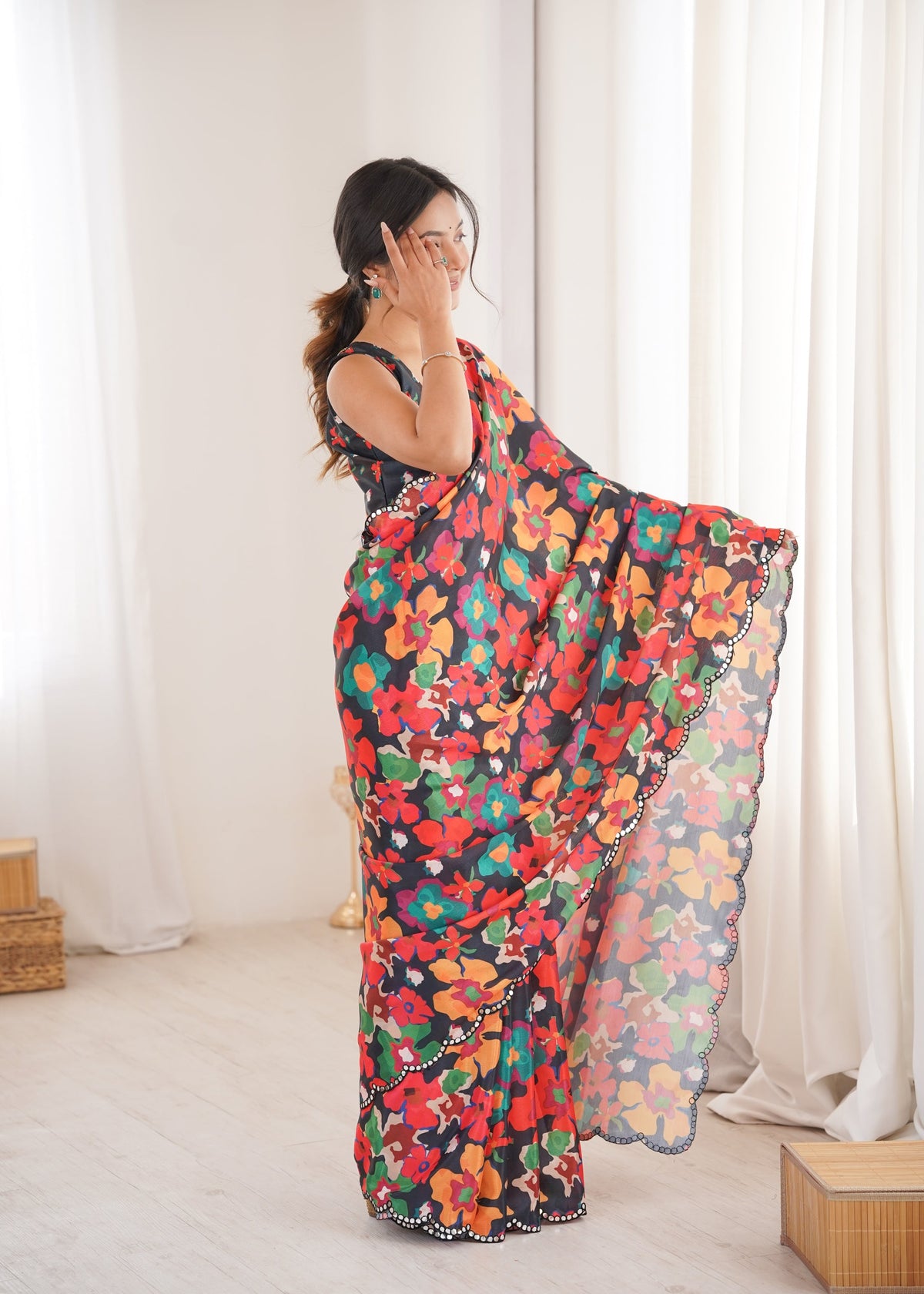 Multicolor Chinon Digital Printed Designer Saree with Mirror Lace