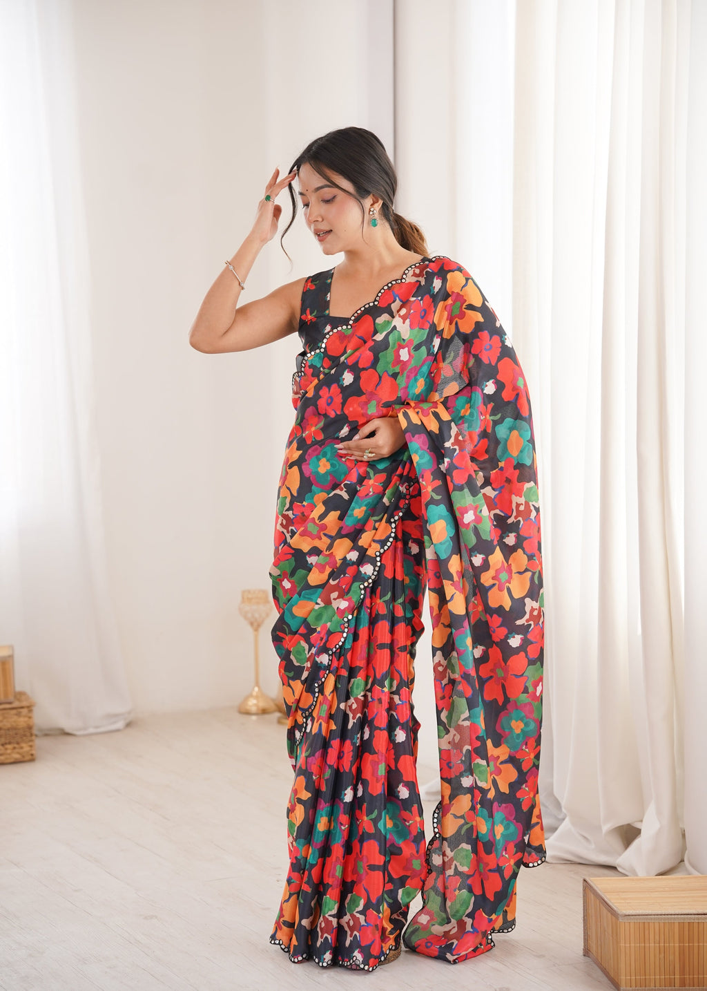 Multicolor Chinon Digital Printed Designer Saree with Mirror Lace