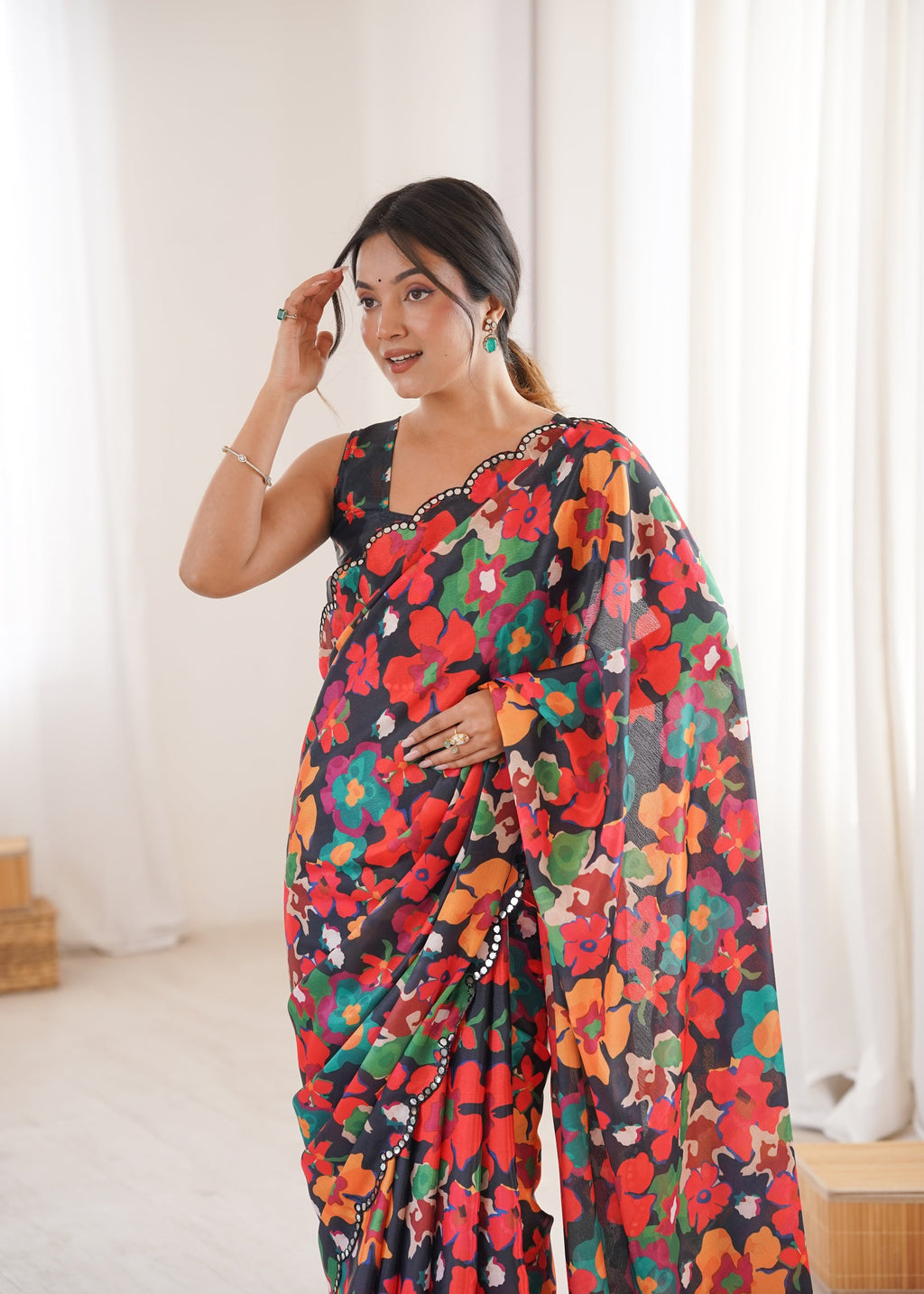 Multicolor Chinon Digital Printed Designer Saree with Mirror Lace
