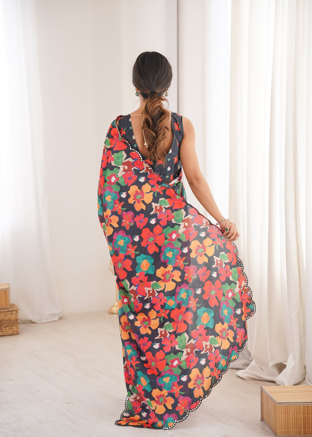 Multicolor Chinon Digital Printed Designer Saree with Mirror Lace