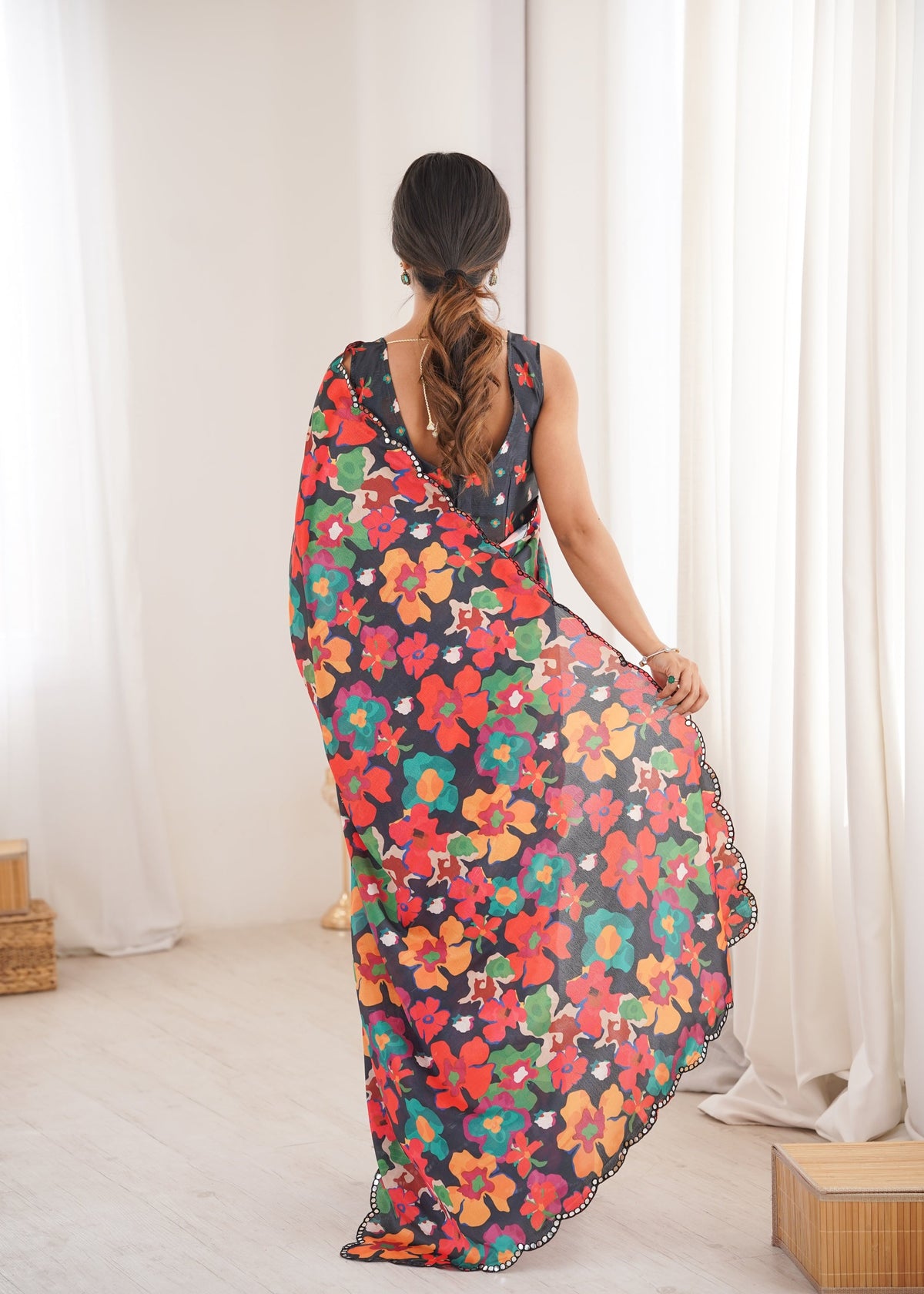 Multicolor Chinon Digital Printed Designer Saree with Mirror Lace