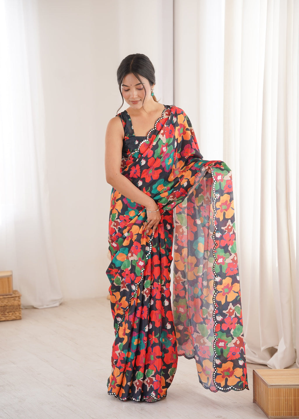 Multicolor Chinon designer saree with digital prints and mirror lace border.